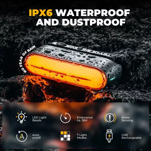 ROCKBROS 24120009001 zadní světlo na kolo s brzdovým senzorem, magnetickým upevněním, 7 režimy svícení, dobíjecí přes USB, vodotěsné IPX6