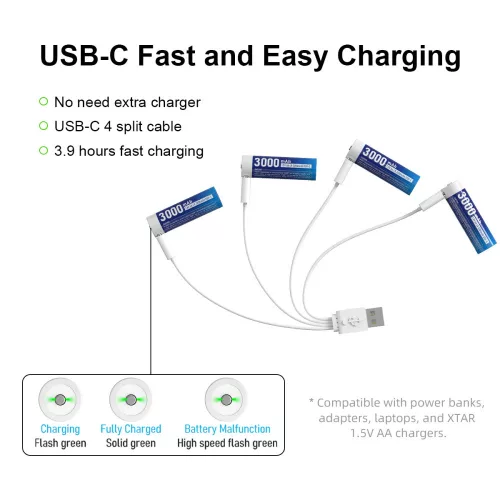 XTAR 4 ks AA 1,5V 3000mAh USB-C dobíjecí lithium baterie