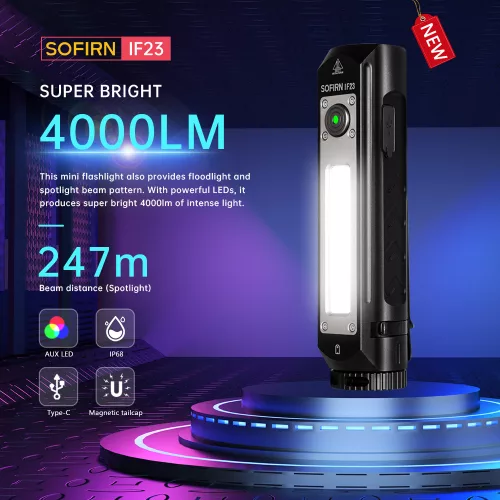 Svítilna Sofirn IF23 4000lm Výkonné LED světlo XHP50B 21700 typu C Dobíjecí reflektor a bodový paprsek RGB svítilna