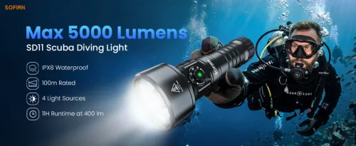 Potápěčská svítilna Sofirn SD11, 5000LM, CRI 90, dobíjecí vodotěsná svítilna s 660NM červeným světlem, 3000K-6500K, USB-C, IPX8, s 1/4" závitem, poutkem, pro podvodní fotografii, rybolov, práci ve vodě