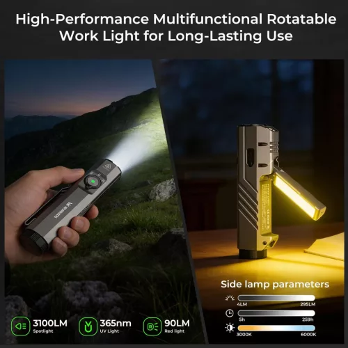 Wurkkos HD05 4v1 EDC svítilna – 3100 lm, 335 m, UV, červené světlo, otočné boční světlo