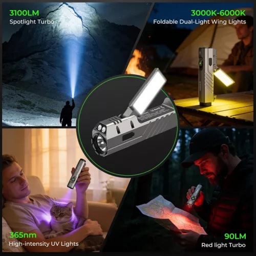 Wurkkos HD05 4v1 EDC svítilna – 3100 lm, 335 m, UV, červené světlo, otočné boční světlo