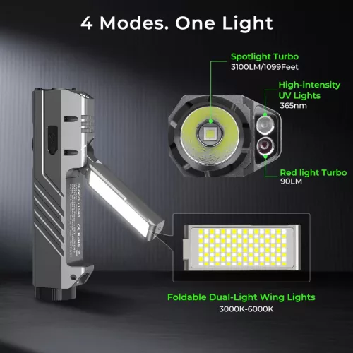 Wurkkos HD05 4v1 EDC svítilna – 3100 lm, 335 m, UV, červené světlo, otočné boční světlo